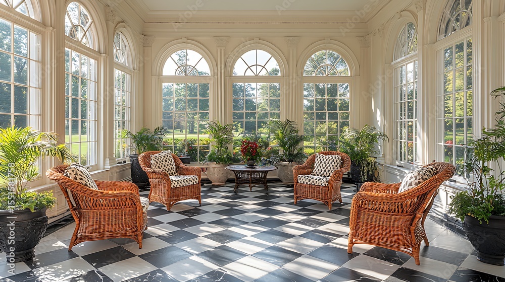 Fototapeta premium Elegant Sunroom with Wicker Furniture and Flowing White Drapes Surrounded by Nature