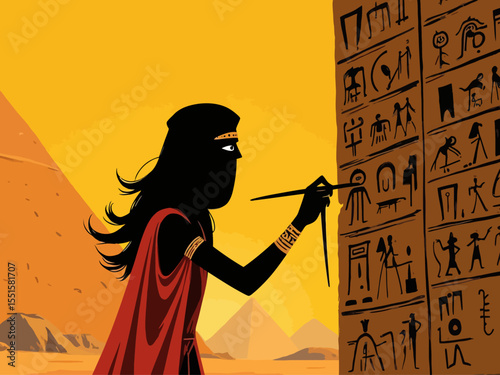  ancient Egypt, a black scribe, with his head covered, engraves hieroglyphics on a pyramid wall