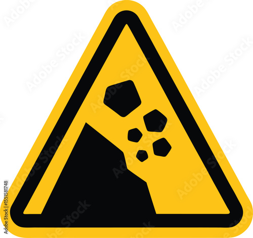 "Rockfall hazard icon with stones falling from a cliff, black on yellow triangle, danger of landslide or falling rocks.


