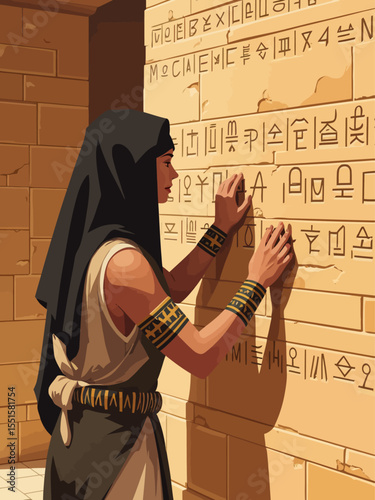  ancient Egypt, a black scribe, with his head covered, engraves hieroglyphics on a pyramid wall