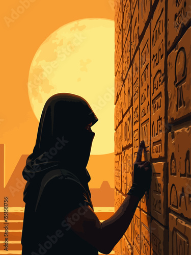  ancient Egypt, a black scribe, with his head covered, engraves hieroglyphics on a pyramid wall