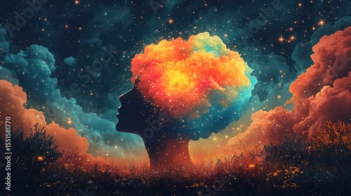 Silhouette of a person's head blending into a cosmic landscape with colorful cloud hair amidst a starry night sky, symbolizing imagination and dreams