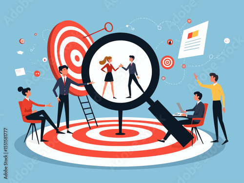 arget Audience Analysis Concept Magnifying Glass, People Network, Bullseye