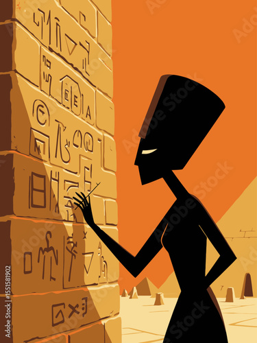  ancient Egypt, a black scribe, with his head covered, engraves hieroglyphics on a pyramid wall 