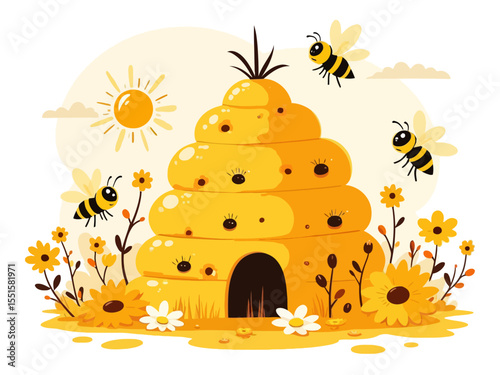 Beehive honey sign with hexagon grid cells and bee cartoons on white backgrounds vector