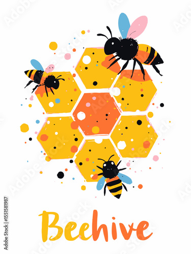 Beehive honey sign with hexagon grid cells and bee cartoons on white backgrounds vector