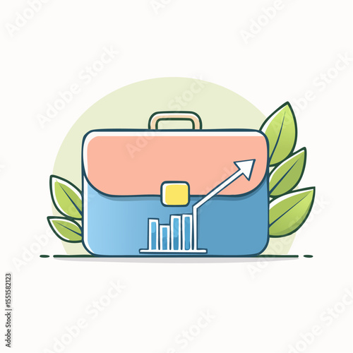 A briefcase with an upward arrow and graph surrounded by leaves on a light green background