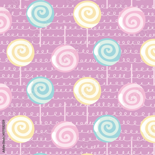 Bright colored lollipop. Sweet dessert for kids. Candy on a stick. Pink, blue, yellow spiral ball. Seamless background pattern. Vector illustration