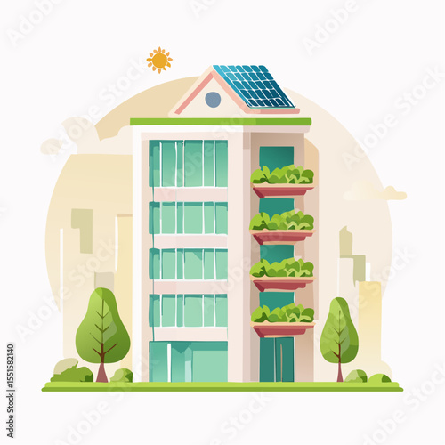A building adorned with green plants on its balconies and solar panels on its roof stands amid stylized trees and city buildings