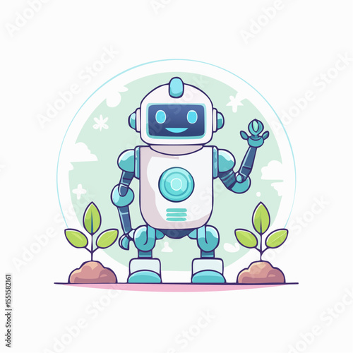 A cartoon robot stands between two small plants against a mintgreen rounded backdrop with white cloud and snowflake designs
