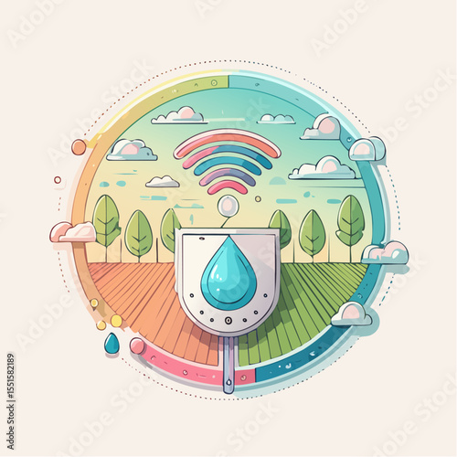 A colorful cartoonstyle graphic of a water sensor in a landscape