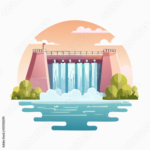 A dam with flowing water stands amidst greenery under a warmtoned sky