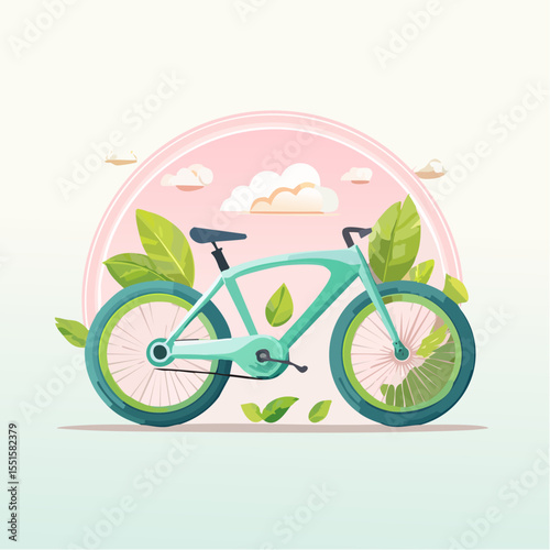 A teal bicycle is framed by leaves with a pink semicircle and clouds in the background