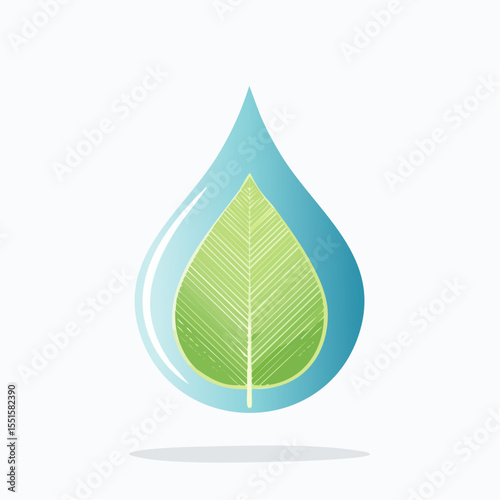 A teal water drop contains a textured lightgreen leaf shadowed softly against a white backdrop