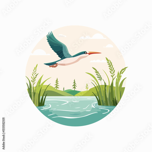Bird flying over a lake with greenery in the background presented in a circular frame