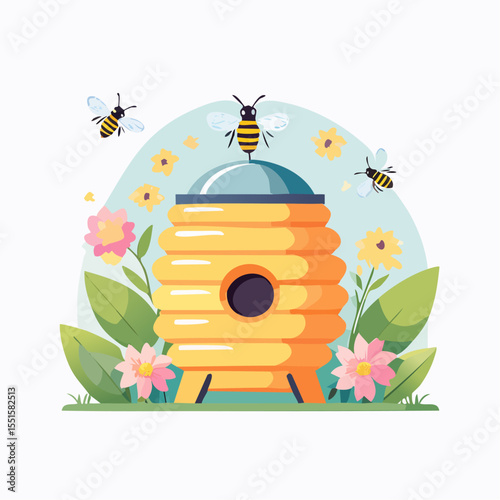 Beehive surrounded by flowers with three bees flying around on a light background