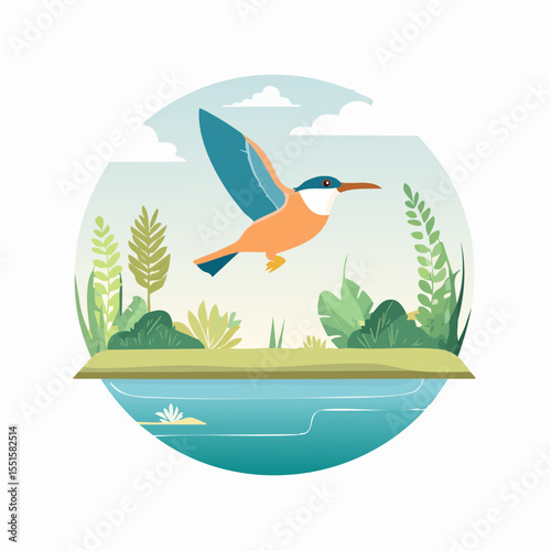 Bird flies above water amid green plants and a light blue background