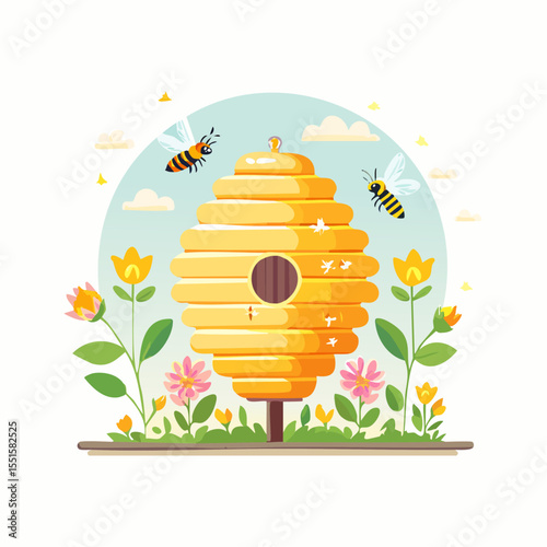 Bees fly around a tiered beehive amidst flowers under a light blue sky with wispy clouds