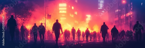 Silhouetted Crowd Walking Through a Vibrant, Fiery Urban Nightscape with Bright Building Lights and Atmospheric Smoke Creating an Intense Scene