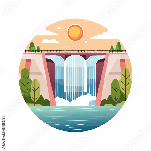 Dam with cascading water set against a sunny sky within a circular frame