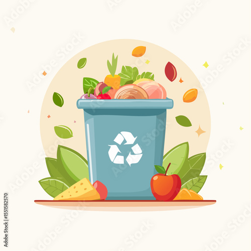 Compost bin filled with food scraps including fruits  vegetables with leaves cheese  orange slices around it