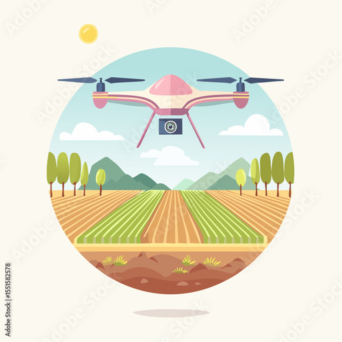 Drone flies over a field with trees mountains and clouds