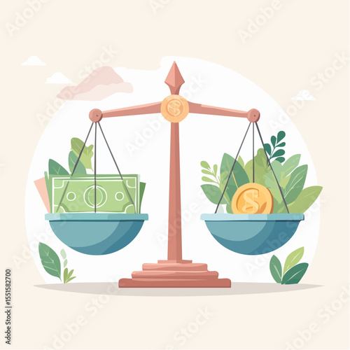 Scale with stacked bills and coin balanced with plants
