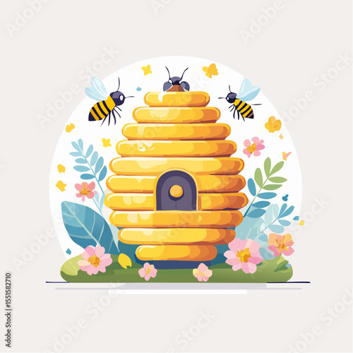Stacked beehive with entrance hole surrounded by two bees plants and flowers against a white backdrop