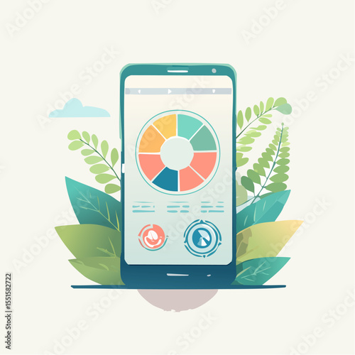 Tealframed smartphone displaying a pie chart surrounded by leaves on a light background