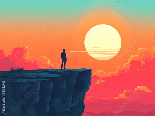 Silhouetted Figure Gazing Over a Vibrant Sunset Horizon from a Cliff's Edge with Dramatic Sky and Setting Sun in a Serene Moment of Reflection