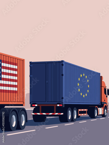 Freight containers with united states and european union flags representing international trade and commerce 
