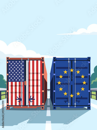 Freight containers with united states and european union flags representing international trade and commerce 