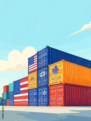 Freight containers with united states and european union flags representing international trade and commerce 