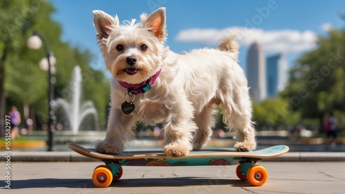 Adorable small fluffy white dog with a cute collar rides on a skateboard in a sunny park with a fountain and city buildings in the background