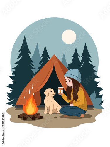  girl with long brown hair, wearing a muted blue beanie, sitting by a campfire, drinking coffee in front of a tent next to her golden retriever puppy
