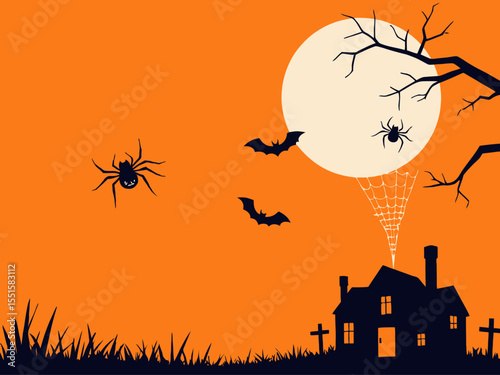 Happy Halloween with spider web and spider cartoons on orange background 