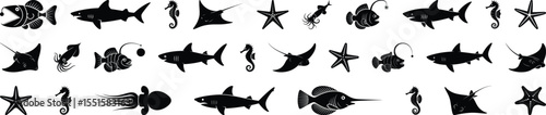 Sea animal silhouette vector set, collection of anglerfish, shark, seahorse, ray, starfish, squid icon in black isolated style