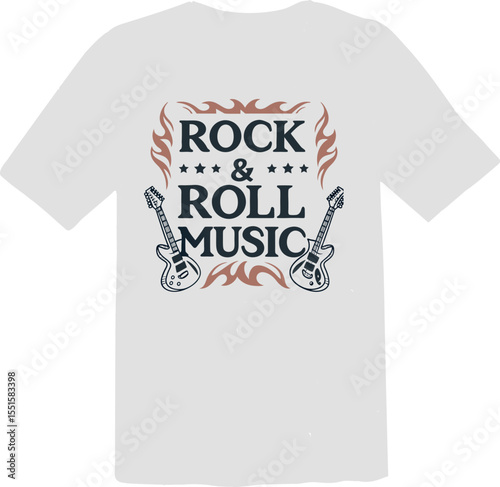 "Rock & Roll Music" T-Shirt Design with Guitars and Flames