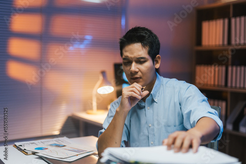 Young professional analyzing paperwork at night, concentrating on business tasks under warm lamp light
