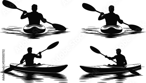 Kayak man silhouette vector set, collection of kayaking man in front and side view icon in black isolated style