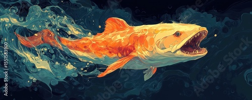 Digital Artwork of an Orange Fish with Open Mouth Swimming Through Artistic Blue Waters Showcasing Vibrant Colors and Dynamic Movement for a Dramatic Ocean Scene
