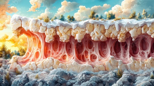 Surreal Landscape with Organic Structures Resembling Coral and Trees Under a Dramatic Sky with Clouds and Shades of Blue and Orange at Sunset