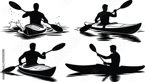 Kayak man silhouette vector set, collection of kayaking man with paddle in front and side view icon in black isolated style