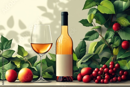 Wine Glass and Bottle with Fresh Fruit and Rich Greenery Displayed on a Wooden Surface in Natural Sunlight Setting for an Elegant Still Life Scene