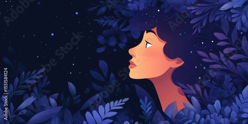 Profile Portrait of a Woman with Bright Red Lips Gazing at Starry Night Sky Surrounded by Lush Blue Foliage and Glittering Stars
