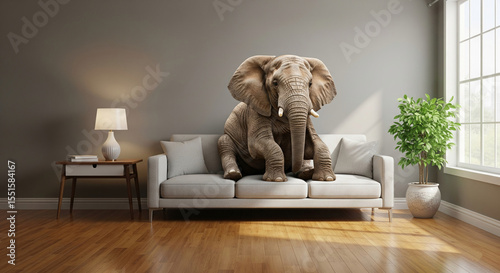 Elephant sitting on light gray sofa in modern living room, showcasing unusual home decor concept, creating unexpected and humorous mood