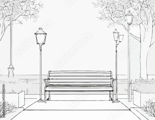 continuous single line drawing of bench and lantern in public park, line art vector illustration