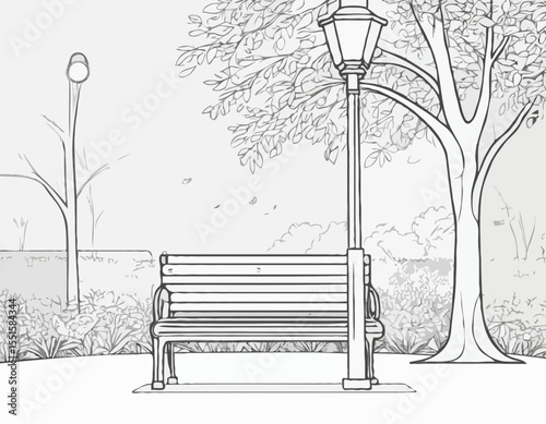 continuous single line drawing of bench and lantern in public park, line art vector illustration