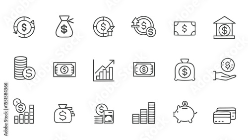Collection of line art icons representing financial concepts and monetary transactions and growth symbols
