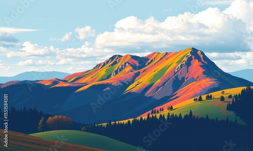 Vibrant Mountain Landscape Depicting Colorful Autumn Foliage on Rolling Hills under a Bright Blue Sky with Fluffy White Clouds at Sunset